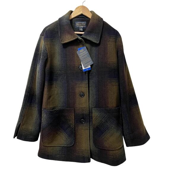 Pendleton Jackets & Blazers - Pendleton Womens Wool Blend Plaid Topper Coat Size L Navy Heavyweight Winter NWT